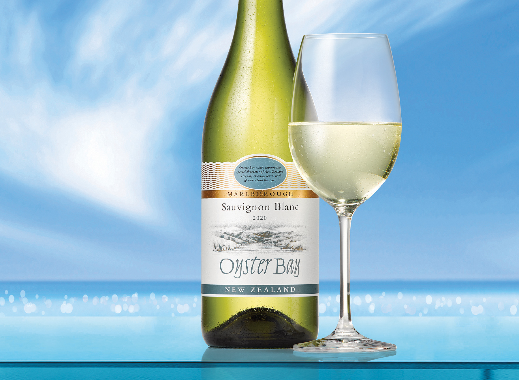 2020 oyster bay marlborough sauvignon blanc bottle glass ledge