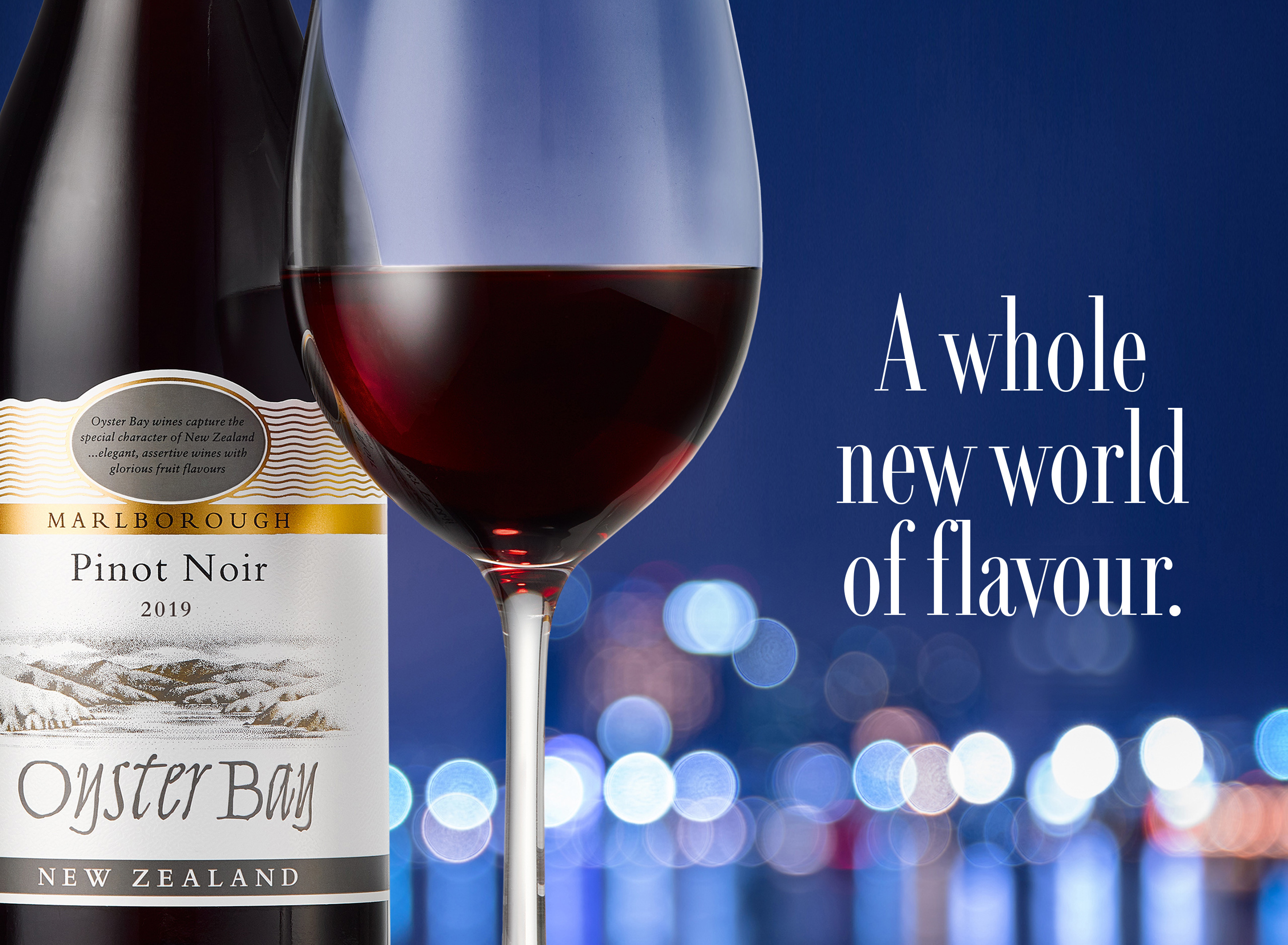2019 oyster bay marlborough pinot noir bottle glass tagline